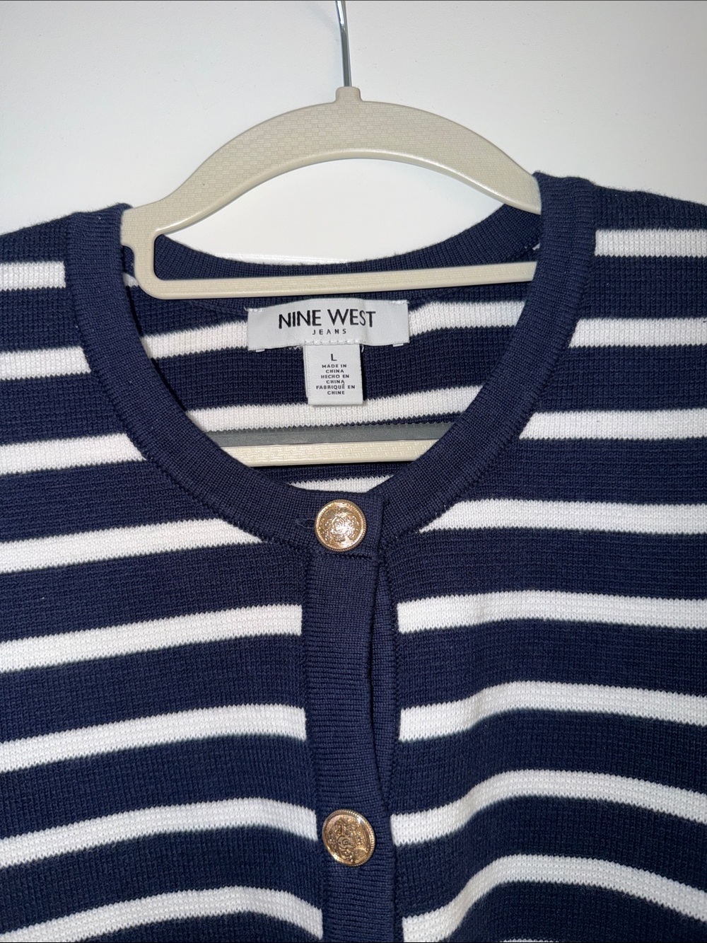 Nine West Navy and White Striped Gold-Button Cardigan - Picture 2 of 6